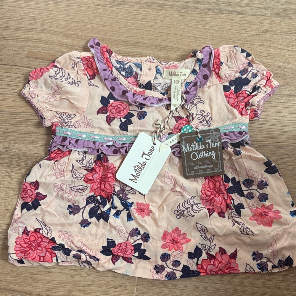 Matilda Jane Pink Floral Peplum Top with Purple Trim